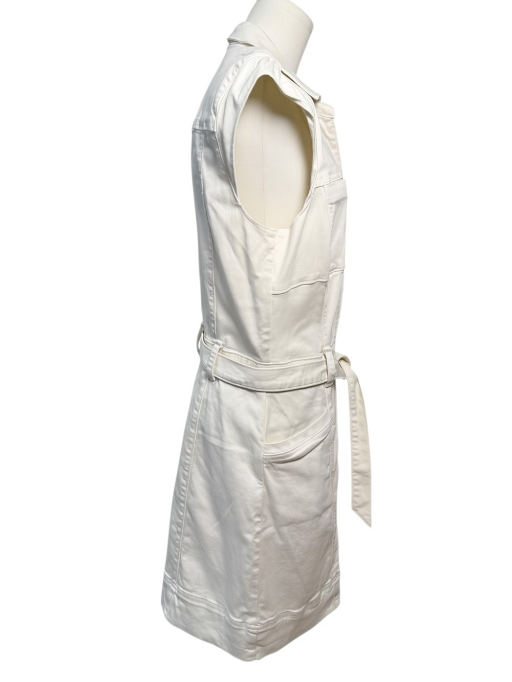 PAIGE Jaxsyn Tie Waist Cotton Blend Twill Mini Shirtdress in Quartz Sand Size 8 - Picture 5 of 14